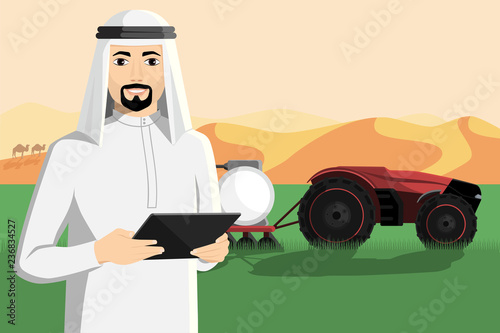 Arab farmer with a tablet computer controls autonomous tractor.  Smart agriculture in desert. Vector illustration EPS 10