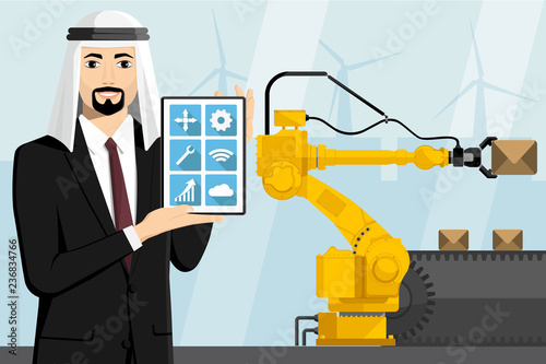 Arab manager with a digital tablet controls the handling robot. Smart factory. Vector illustration