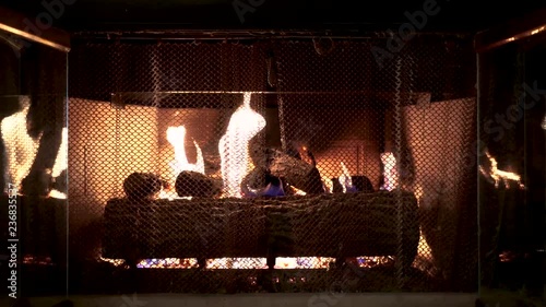 Cozy fireplace with grate in front during winter