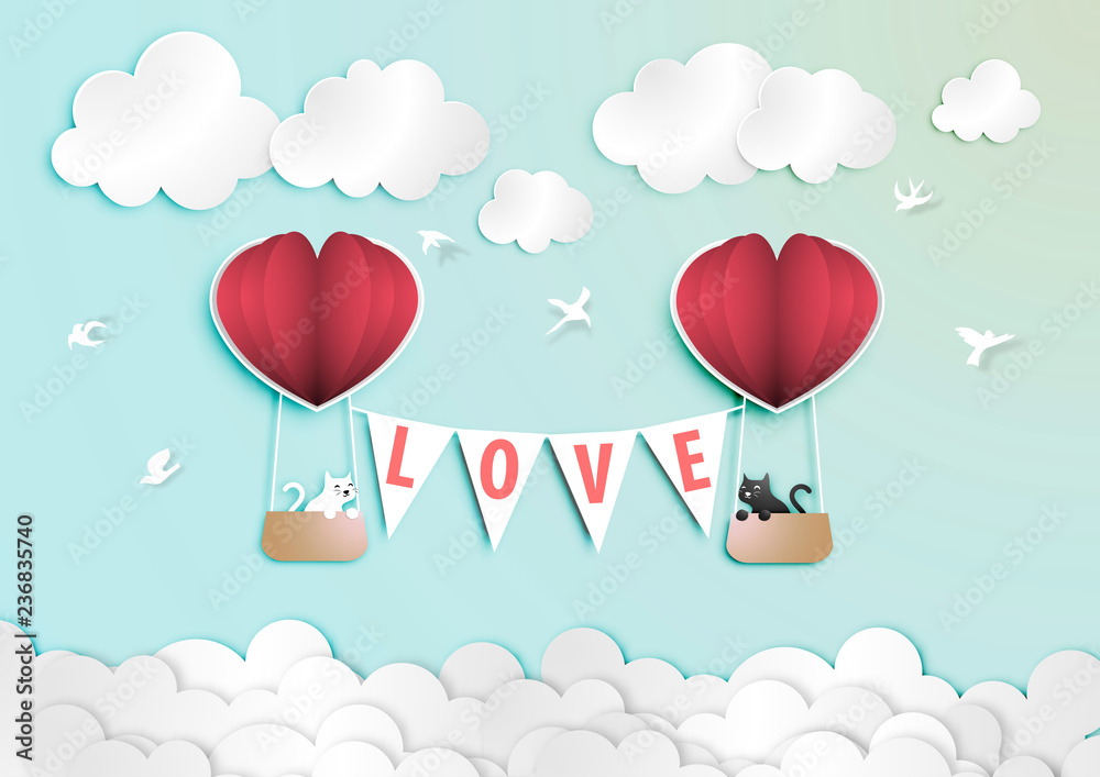 paper art of Valentine Day Festival with Black and White Lover Cat in Paper Balloon Heart Shape Basket on The Blue Sky vector