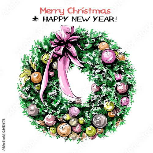 Hand drawn cute Christmas wreath with ribbons, balls and bow. Beautiful nobilis-fir wreath. Sketch.