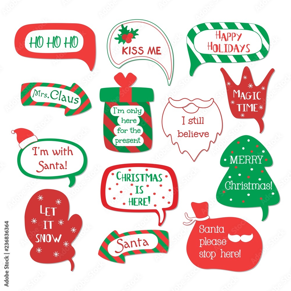 Holiday speech bubbles set with christmas greetings: merry christmas, happy holiday, let it snow etc. Vector illustration.