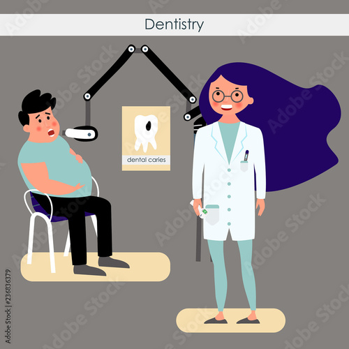 Dentist with a patient. Treatment of dental caries. Vector illustration