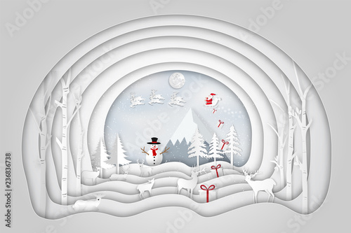 Paper art , cut and digital craft layer style of Santa Claus on Sleigh and Reindeer in the snow village and snowman in the winter background as holiday , merry christmas concept. vector illustration.