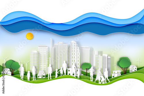 Paper art , cut digital craft style of green cityscape with peoples exercise and relax in the morning on summer, fresh air in park or outdoor as nature, healthy concept. vector illustration