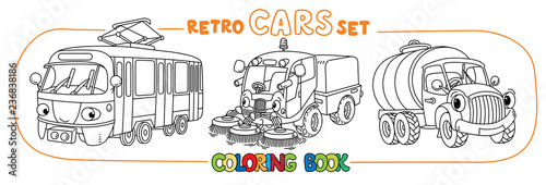Funny small retro cars with eyes coloring book set
