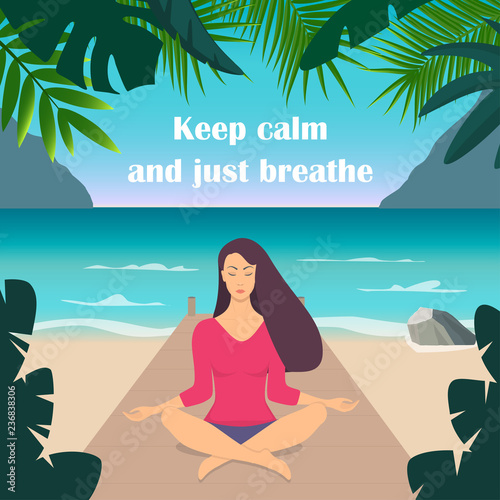 Young woman making meditation in lotus pose with closed eyes. Beautiful girl relaxes, practicing yoga on the seashore, surrounded by mountains and tropical plants. Vector flat illustration.