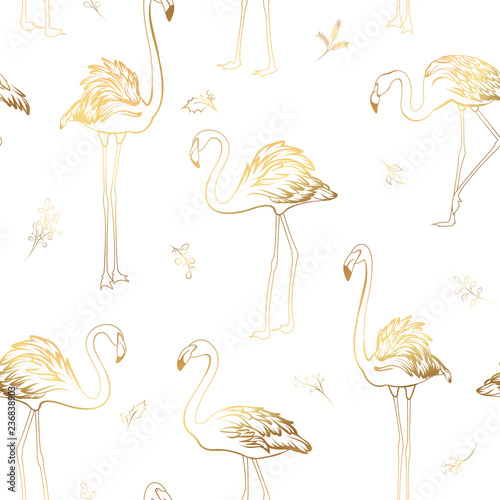 Exotic tropical flamingo birds mistletoe elements seamless pattern. Bright shiny golden colors on white background. Christmas xmas new year holidays party theme. Vector illustration decoration fabric.