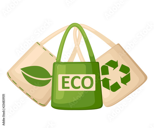 Green and beige fabric cloth or paper bag. Bags with recycling, green leaf and ECO symbols. Replacement plastic bags. Save Earth ecology. Flat vector illustration isolated on white background