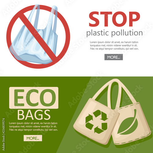 Save ecology concept. Fabric cloth or paper bag. Bags with recycling, green leaf and ECO symbols. Replacement plastic bags. Save Earth ecology. Flat vector illustration on white background