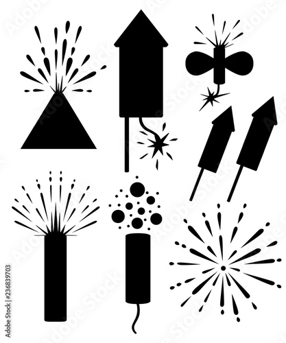 Black silhouette. Collection of firecracker. Pyrotechnic icon set. Firework for New Year celebration. Flat vector illustration isolated on white background