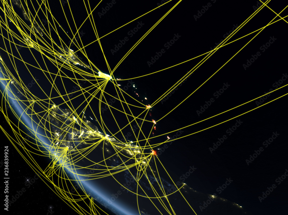 Caribbean on planet Earth from space at night with network. Concept of international communication, technology and travel.