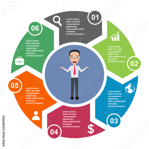 6 step vector element in six colors with labels, infographic diagram. Business concept of 6 steps or options with businessman