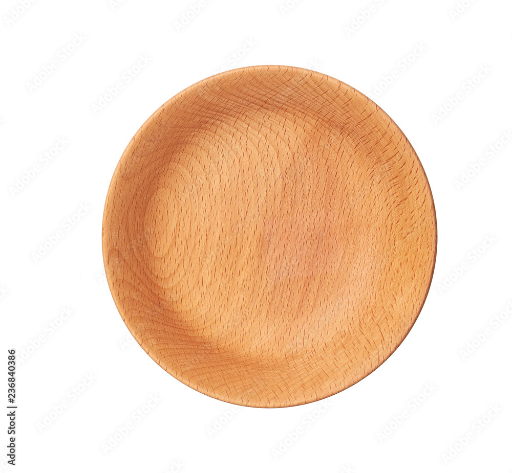 Wooden bowl isolated on white background,top view Wooden bowl isolated on white background,top view