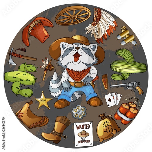 Cartoon character cowboy raccoon set of classic western items round design print