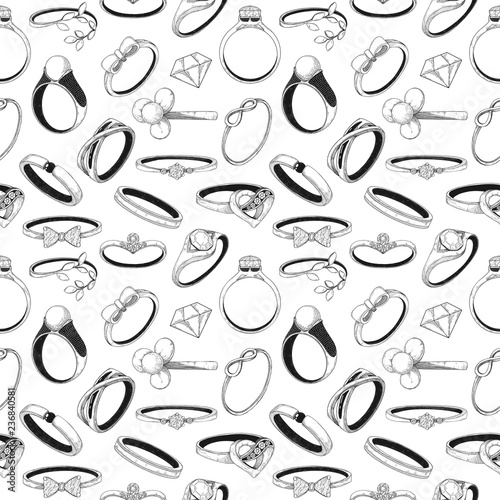 Seamless pattern with different jewelry rings. Vector.