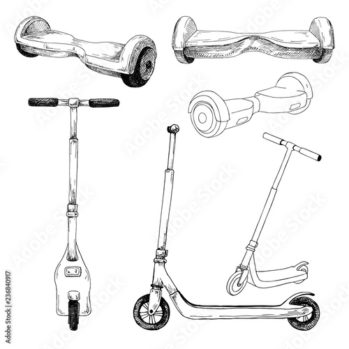 Set of different scooters and hoverboards. Vector illustration in sketch style