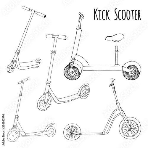 Set of different scooters. Vector illustration in sketch style