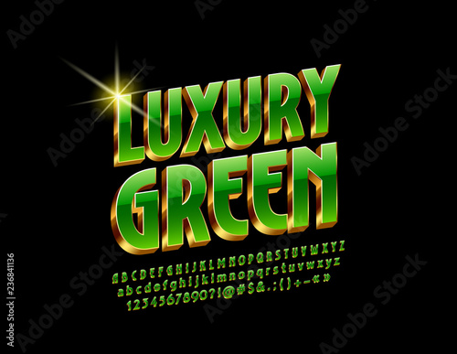 Vector luxury Green and Golden Alphabet Letters  Numbers and Symbols. 3D chic Font.
