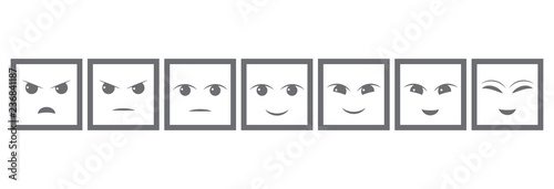 Seven Gray Faces Feedback/Mood. Iconic illustration of satisfaction level. Range to assess the emotions of your content. User experience. Customer feedback. Excellent, good, normal, bad, awful. EPS10