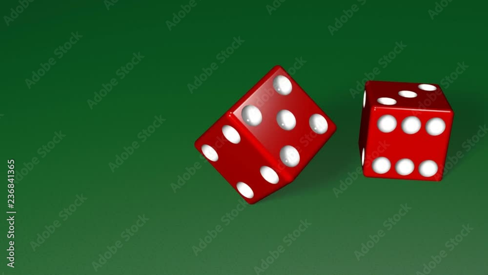 red and white dice roll on green felt 3d animation