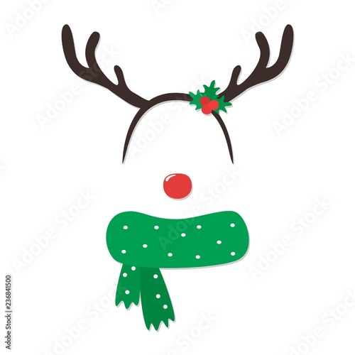 Vector cartoon style Santa Claus's reindeer face element or carnival mask. New year and Christmas decoration item for your selfie photo and video chat filter. Vector illustration.