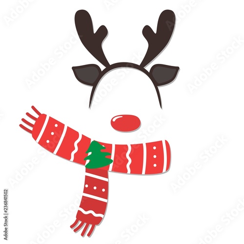 Vector cartoon style Santa Claus's reindeer face element or carnival mask. New year and Christmas decoration item for your selfie photo and video chat filter. Vector illustration.