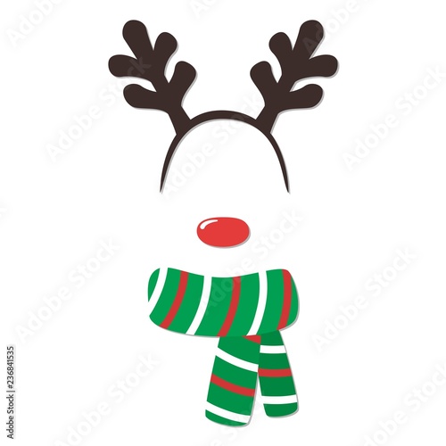 Vector cartoon style Santa Claus's reindeer face element or carnival mask. New year and Christmas decoration item for your selfie photo and video chat filter. Vector illustration.