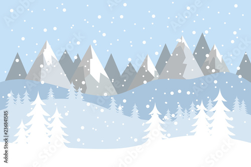 Flat vector landscape with silhouettes of trees, hills and mountains with falling snow.