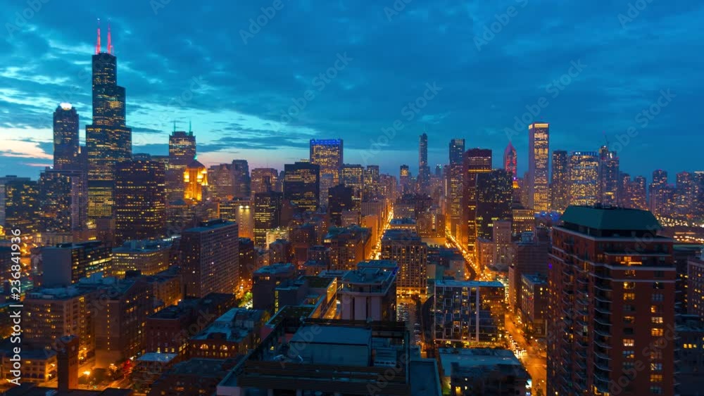 Sunset time-lapse of the Downtown Chicago skyline - Day transitions to night