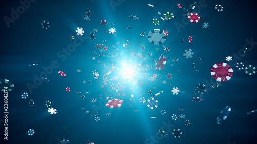 Photography Flying casino chips in camera with rays of light on a colorful background 3d ill