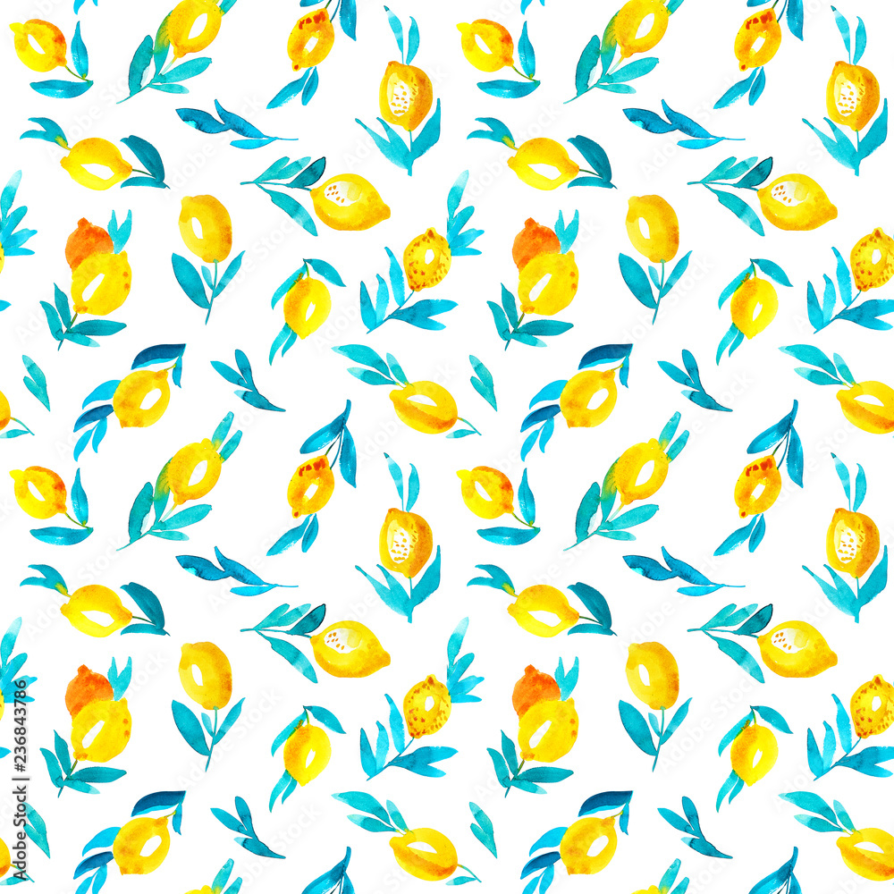 Seamless pattern with watercolor lemons