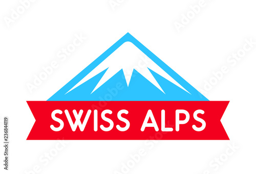 Swiss alps logo illustration, Vector emblem of mountain with ribbon and caption - Badge isolated on white background.