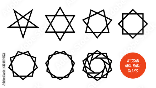Wiccan symbol and all polygonal stars, pentagram, sexagram and other isolated on white - Big vector set of line symbols. photo