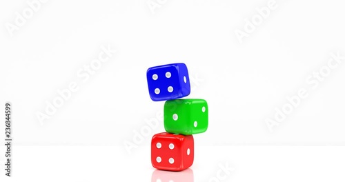 Three red, green and blue dices entering, rotating and falling down on the shining table, 3d rendering