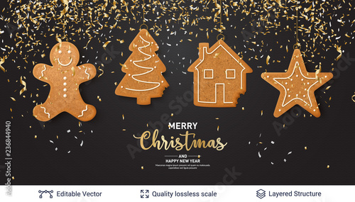 Gingerbread cookies and text on dark banner.