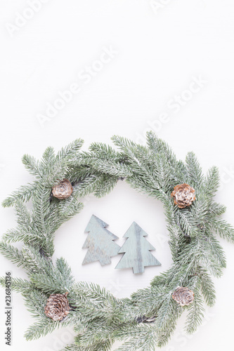 Christmas wreath. Christmas decorations on white background. Flat lay, top view
