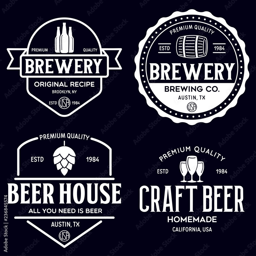 Fototapeta premium Set of vintage monochrome badge, logo templates and design elements for beer house, bar, pub, brewing company, brewery, tavern, restaurant.