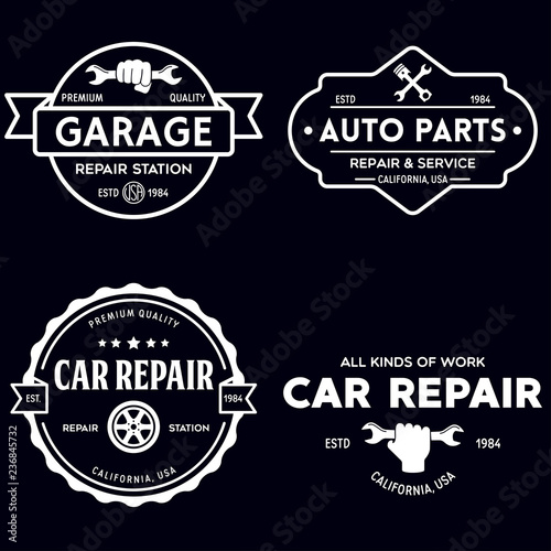 Set of vintage monochrome car repair service templates of emblems, labels, badges and logos. Service station auto parts tires shop mechanic on duty.