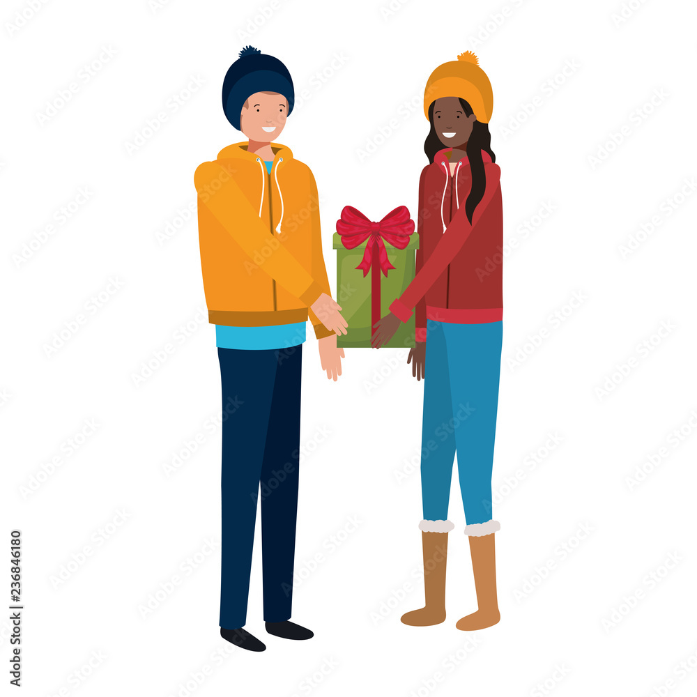 young couple with gift box avatar character young couple with gift box avatar character