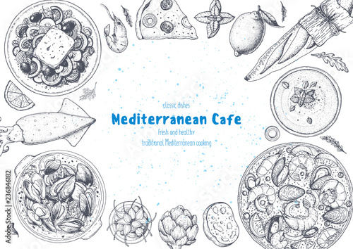 Mediterranean cuisine top view frame. A set of mediterranean dishes . Food menu design template. Vintage hand drawn sketch vector illustration photo