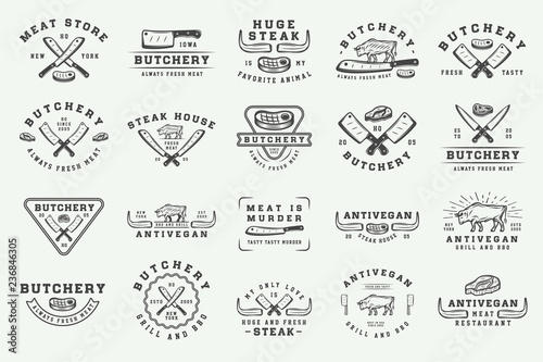 Set of vintage butchery meat, steak or bbq logos, emblems, badges, labels. Graphic Art. Illustration. Vector.