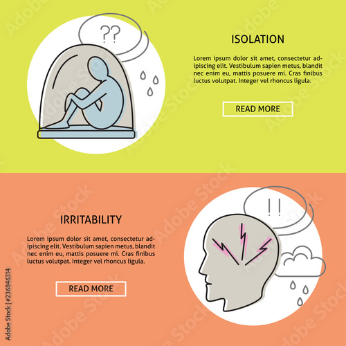 Isolation and irritability concept illustrations in line style with text