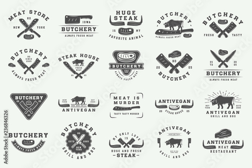 Set of vintage butchery meat, steak or bbq logos, emblems, badges, labels. Graphic Art. Illustration. Vector.