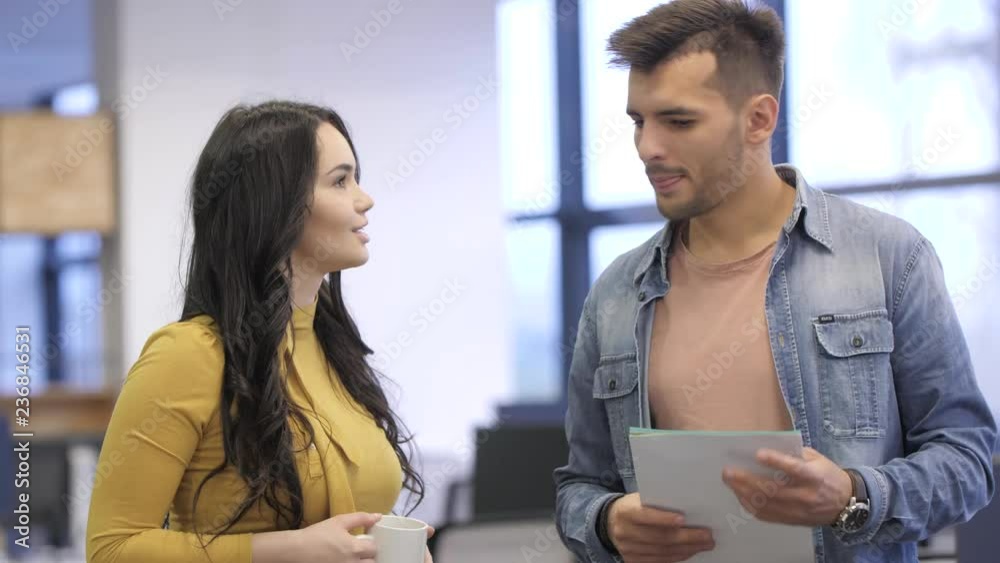 Young beautiful woman talking his colleague in the office. Young beautiful woman talking his colleague in the office.