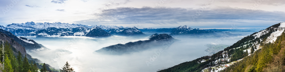 Panoramic view from above of Lake Lucerne from Rigi. Top Pilatus.