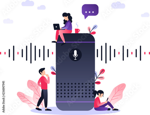 User with voice controlled smart speaker or voice assistant. Voice activated digital assistants, home automation hub, internet of things concept, violet palette. Vector illustration with small people.