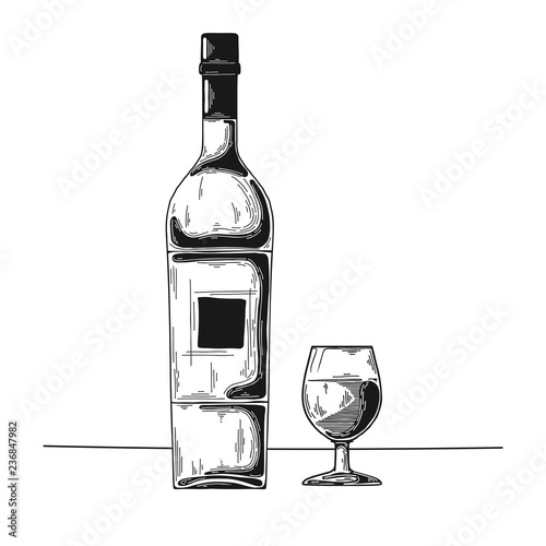 Bottle with alcohol and glass. Vector illustration.