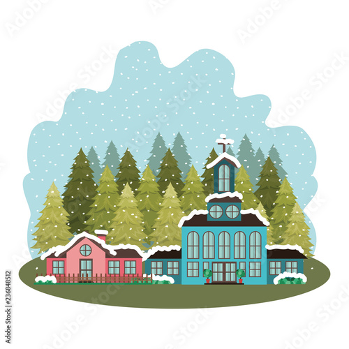 church in neighborhood with pines falling snow avatar character