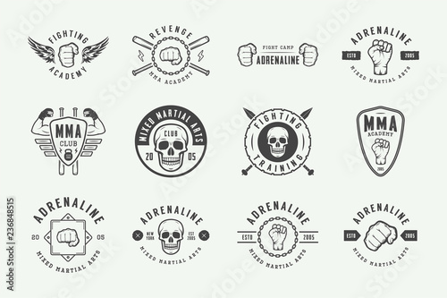 Set of vintage mixed martial arts or fighting club logos, emblems, badges, labels, marks and design elements. Retro graphic art. Vector Illustration.